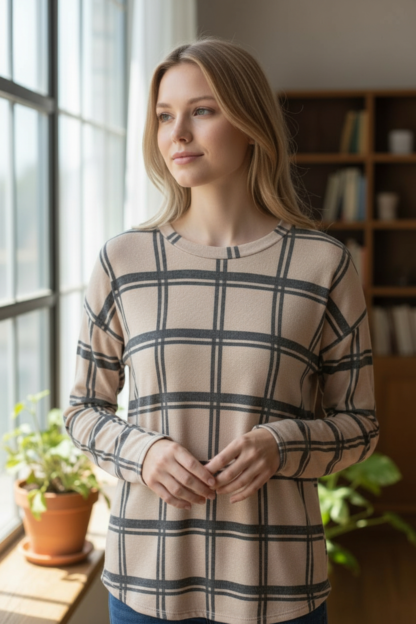 BE PLAID PRINT TOP