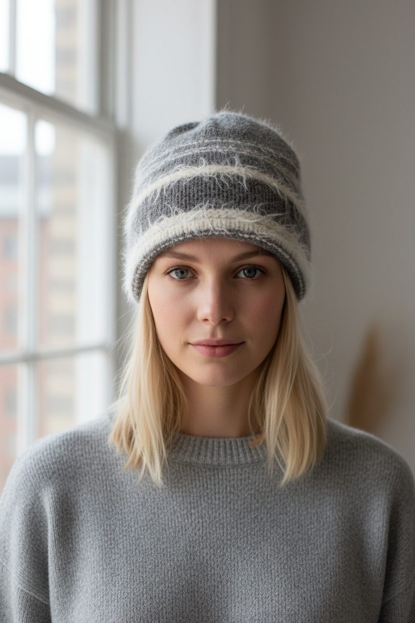GY STRIPE FRAY KNIT HAT
