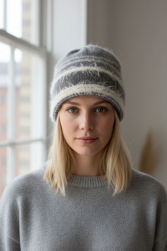 GY STRIPE FRAY KNIT HAT