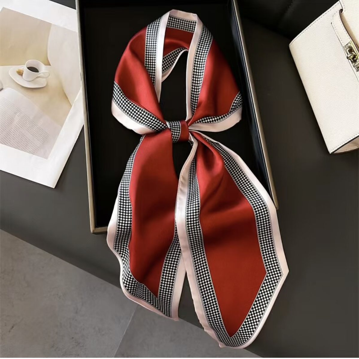 Rd/Bk Checker Skinny  Scarf 5x57"