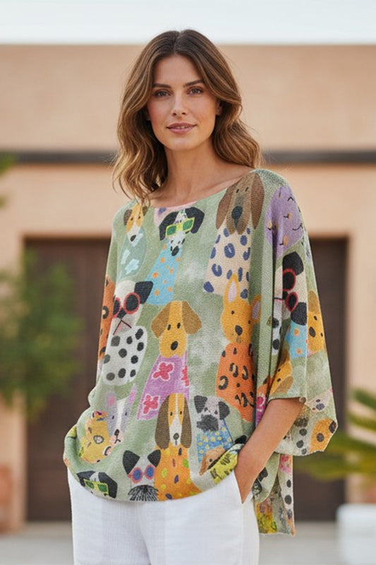 Green Dog Print Top