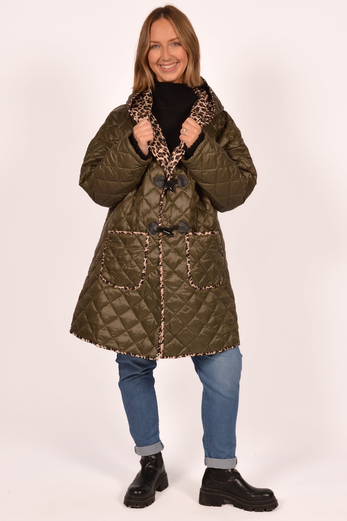 GR LEOPARD TRIM QUILTED COAT