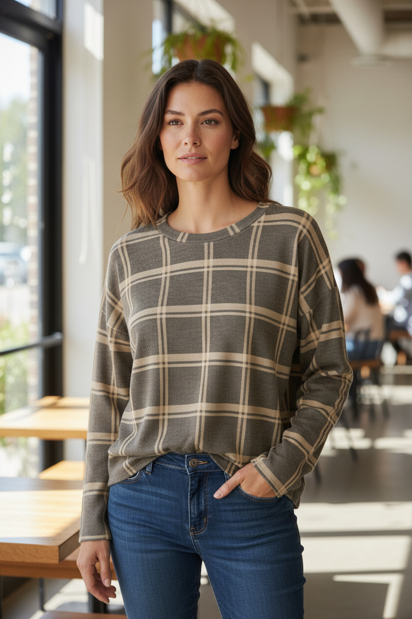 BR PLAID PRINT TOP