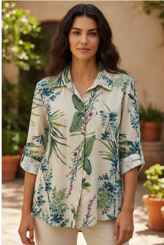 Tropical Print Linen Blend Shirt