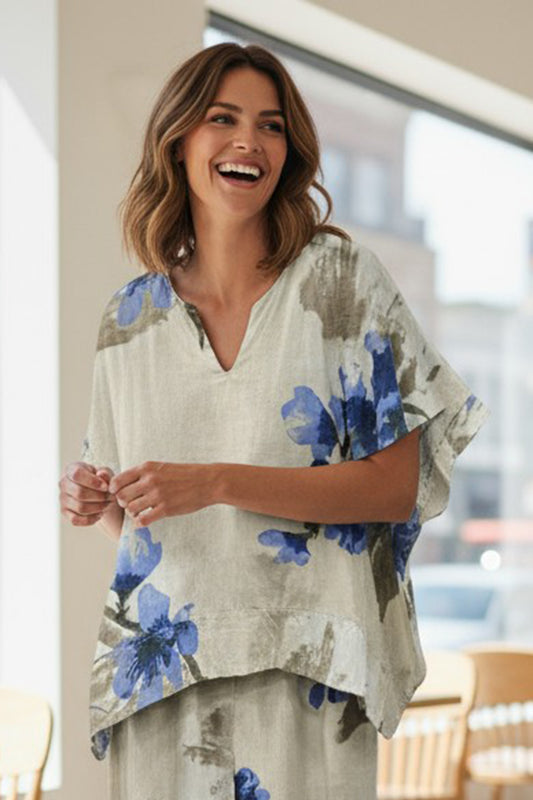 Blue Floral Linen Blend Top