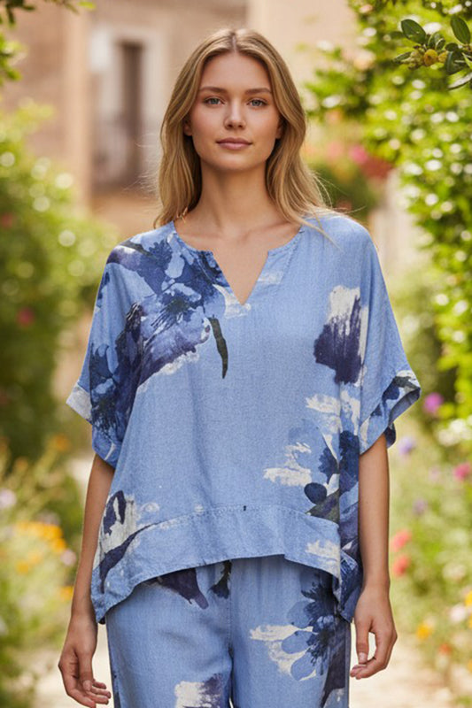 Blue Floral Linen Blend Top