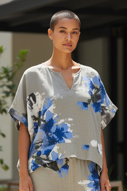Blue Floral Linen Blend Top
