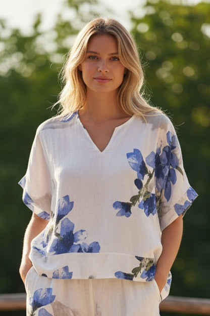 Blue Floral Linen Blend Top
