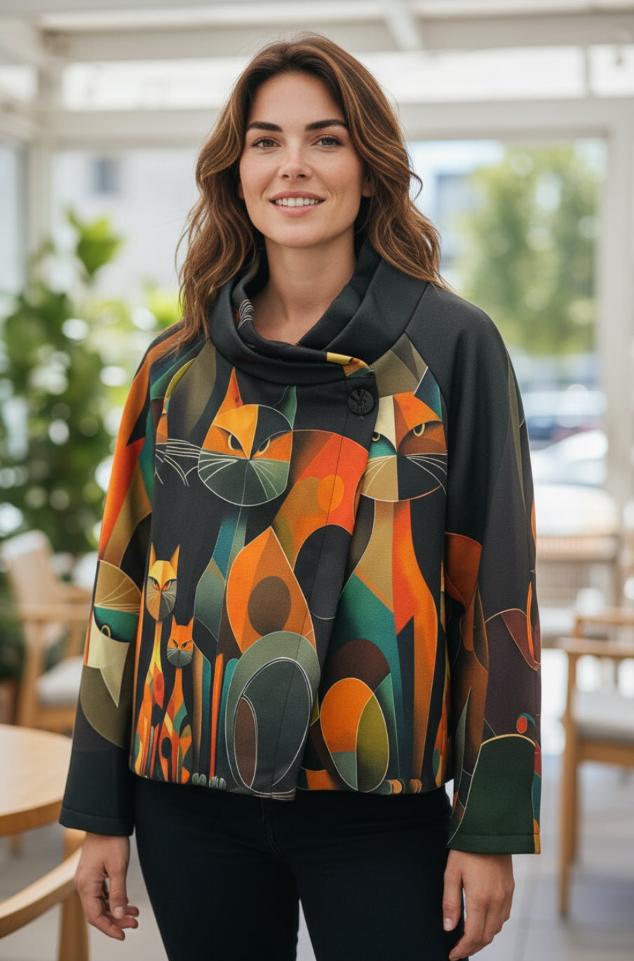 ABSTRACT CAT COWL NECK COAT