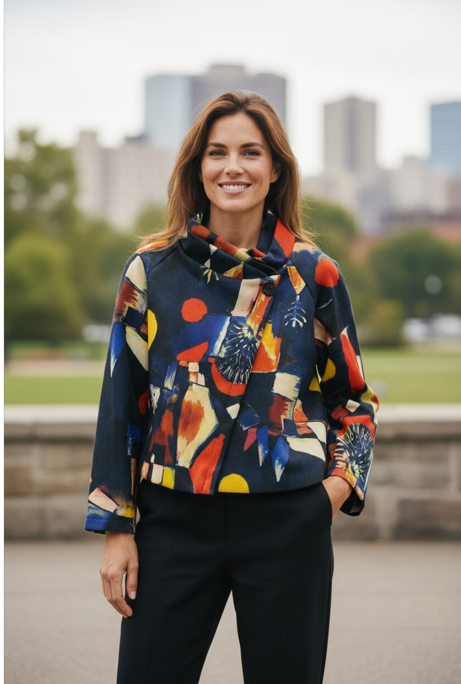 BLUE ABSTRACT COWL NECK COAT