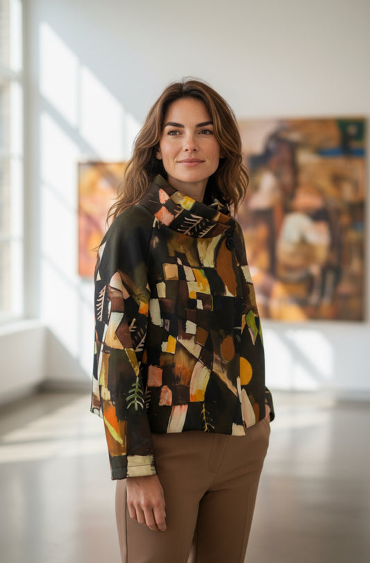 BROWN ABSTRACT COWL NECK COAT
